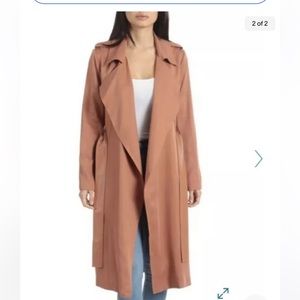 Badgley Mischka Faux Leather Trim Long Trench Coat l